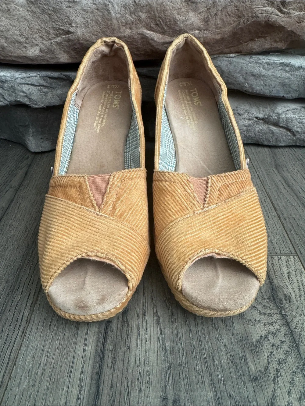 TOMS Khaki Tan Corduroy Peep-Toe Calypso Wedge Slip-Ons-6.5 3” Wedge